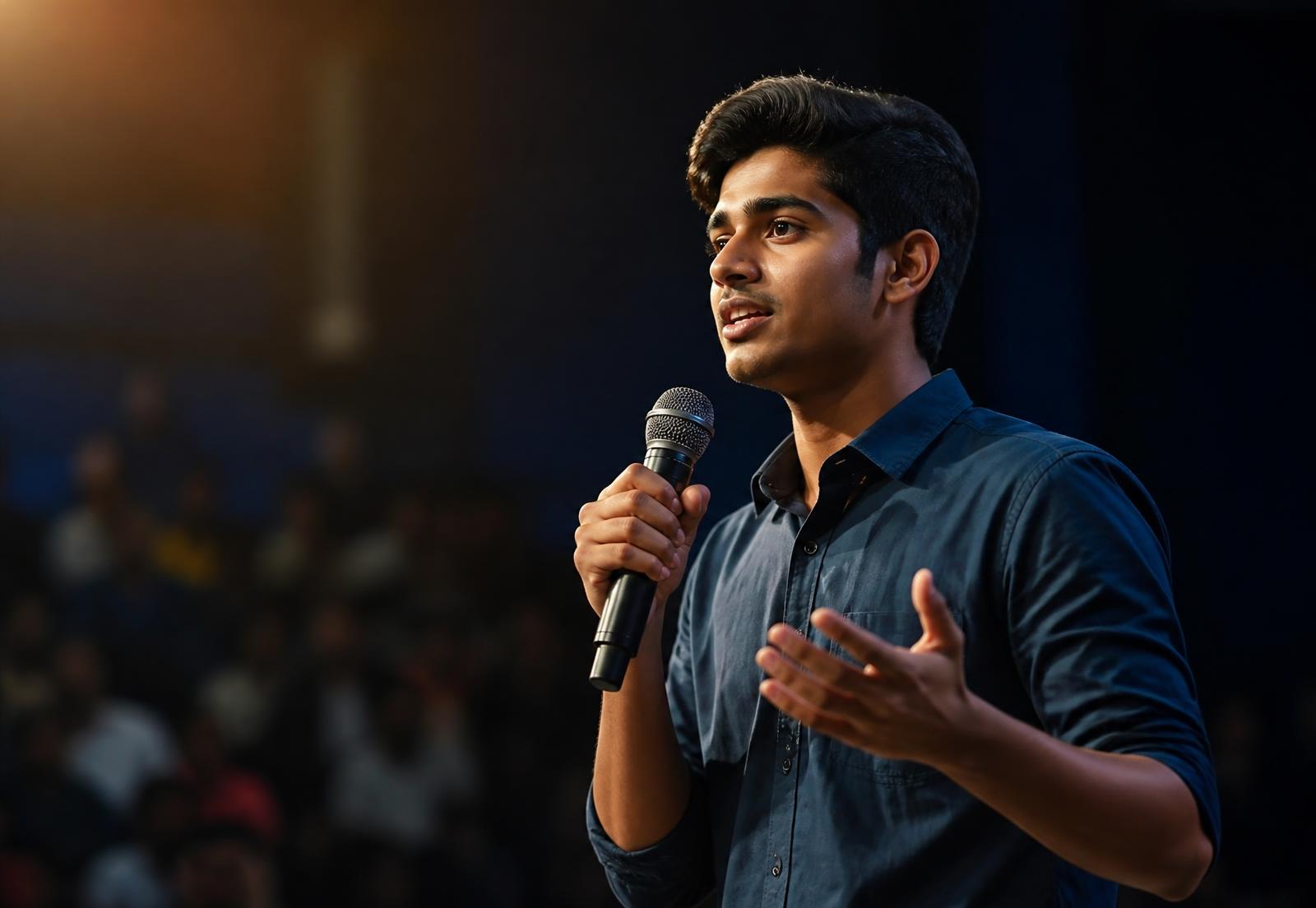 Student speaking confidently on stage